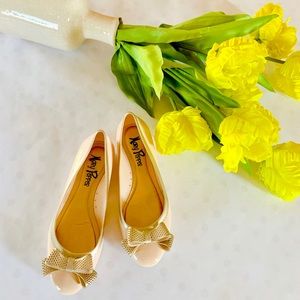 Mary Pepper Beige Ribbon Bow Jelly Flats Sandals